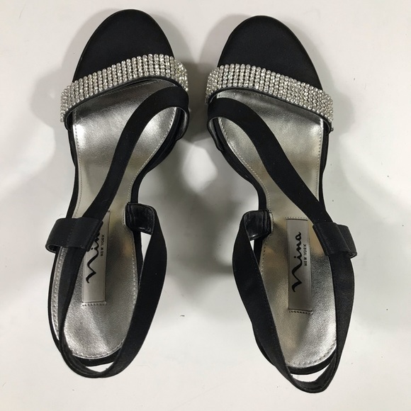 Nina Black Satin + Rhinestone Strappy High Heels - Picture 9 of 13